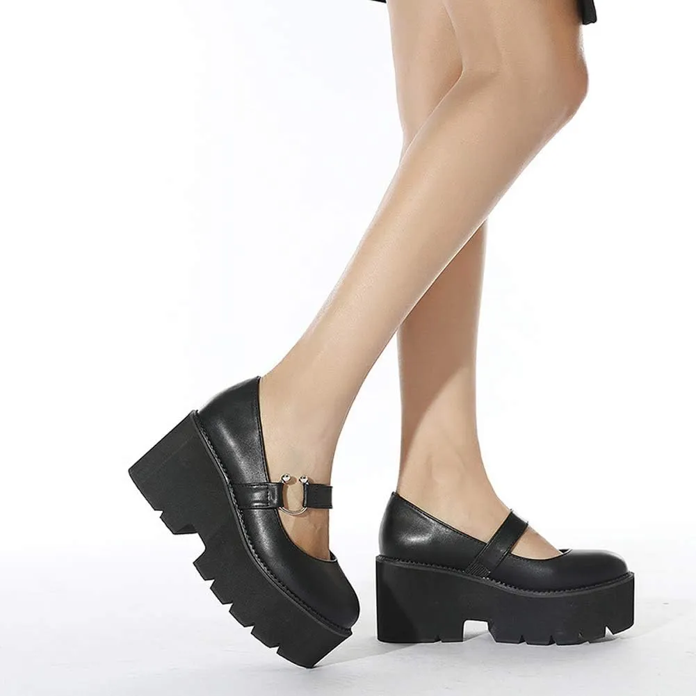 YIYA Women's Pumps Platform Gothic Lolita Shoes Ankle Strap Buckle Chunky Heels Black Mary Jane Pumps for Women