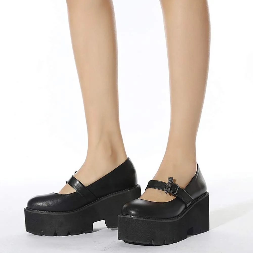 YIYA Women's Pumps Platform Gothic Lolita Shoes Ankle Strap Buckle Chunky Heels Black Mary Jane Pumps for Women
