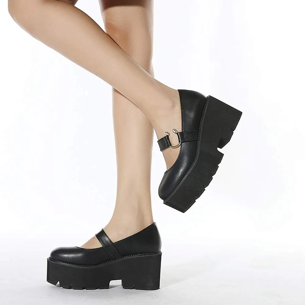 YIYA Women's Pumps Platform Gothic Lolita Shoes Ankle Strap Buckle Chunky Heels Black Mary Jane Pumps for Women