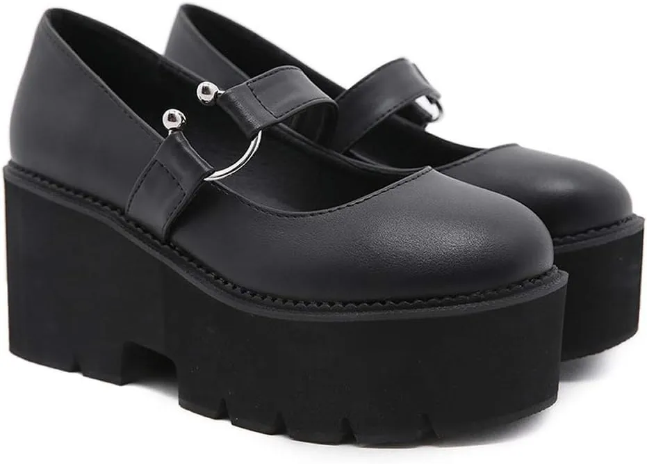 YIYA Women's Pumps Platform Gothic Lolita Shoes Ankle Strap Buckle Chunky Heels Black Mary Jane Pumps for Women