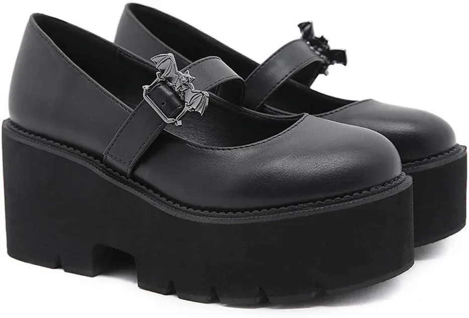 YIYA Women's Pumps Platform Gothic Lolita Shoes Ankle Strap Buckle Chunky Heels Black Mary Jane Pumps for Women