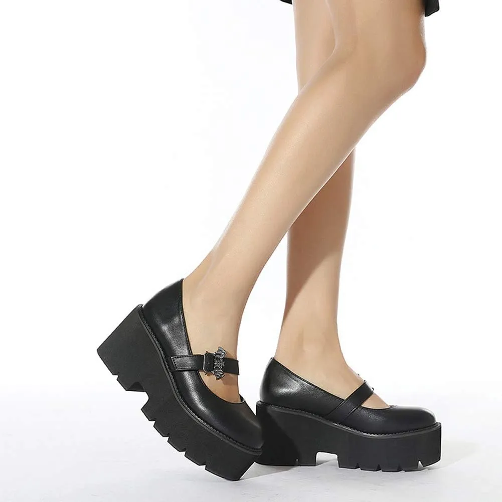 YIYA Women's Pumps Platform Gothic Lolita Shoes Ankle Strap Buckle Chunky Heels Black Mary Jane Pumps for Women