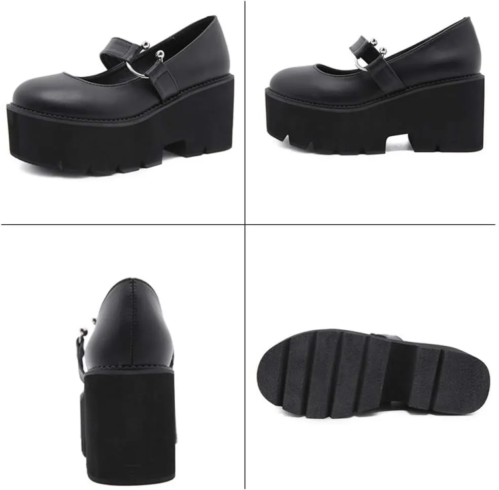 YIYA Women's Pumps Platform Gothic Lolita Shoes Ankle Strap Buckle Chunky Heels Black Mary Jane Pumps for Women