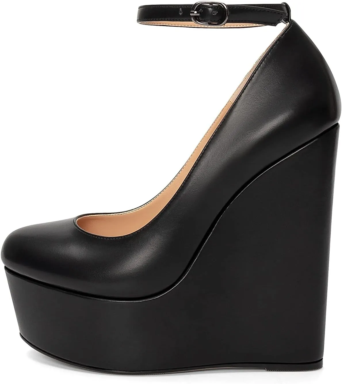 YODEKS Wedges for Women Closed Round Toe Ankle Strap Platform High Heel Wedge Pumps 6 Inches Dress Shoes