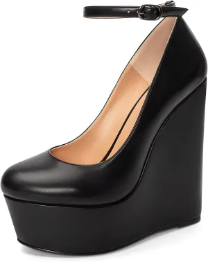 YODEKS Wedges for Women Closed Round Toe Ankle Strap Platform High Heel Wedge Pumps 6 Inches Dress Shoes