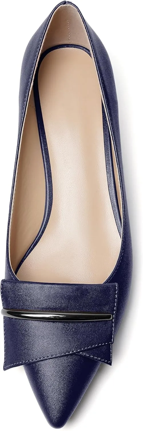 YODEKS Women Low Kitten Heel Pumps Pointed Toe Slip On 1.5 Inch Closed Toe Buckle Bow Comfort Shoes for Wedding Office Evening