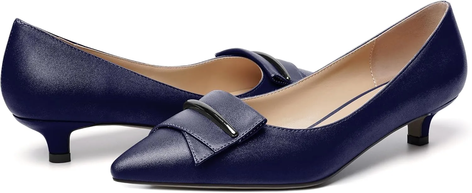 YODEKS Women Low Kitten Heel Pumps Pointed Toe Slip On 1.5 Inch Closed Toe Buckle Bow Comfort Shoes for Wedding Office Evening