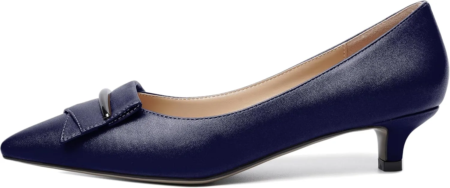 YODEKS Women Low Kitten Heel Pumps Pointed Toe Slip On 1.5 Inch Closed Toe Buckle Bow Comfort Shoes for Wedding Office Evening