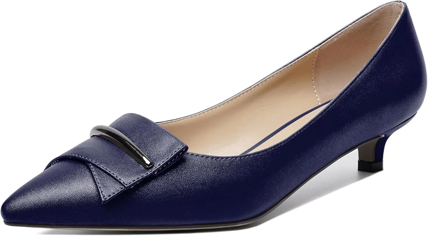 YODEKS Women Low Kitten Heel Pumps Pointed Toe Slip On 1.5 Inch Closed Toe Buckle Bow Comfort Shoes for Wedding Office Evening