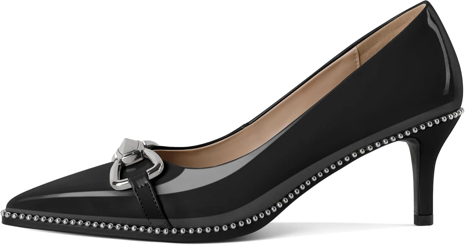 YODEKS Women Low Kitten Heel Pumps Slip On 2.5 Inch Pointed Toe Beaded Metal Buckle Shoes Size 5-13