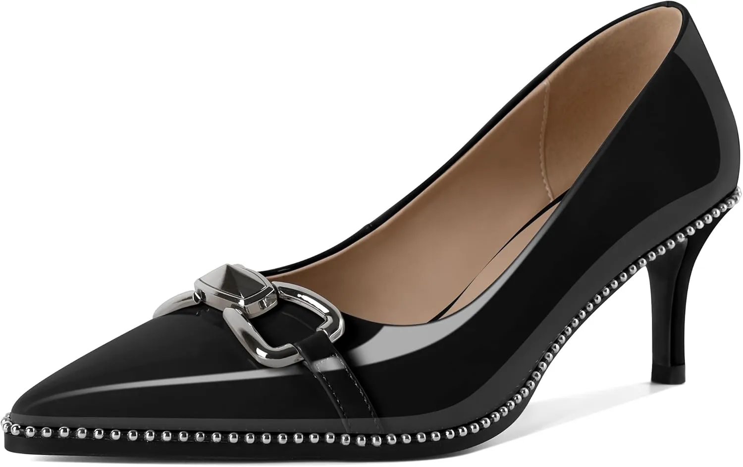 YODEKS Women Low Kitten Heel Pumps Slip On 2.5 Inch Pointed Toe Beaded Metal Buckle Shoes Size 5-13