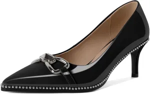 YODEKS Women Low Kitten Heel Pumps Slip On 2.5 Inch Pointed Toe Beaded Metal Buckle Shoes Size 5-13