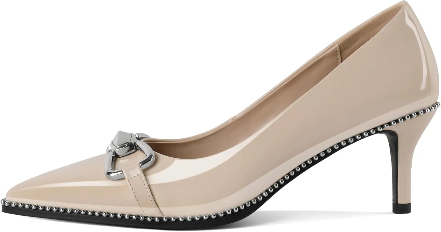 YODEKS Women Low Kitten Heel Pumps Slip On 2.5 Inch Pointed Toe Beaded Metal Buckle Shoes Size 5-13