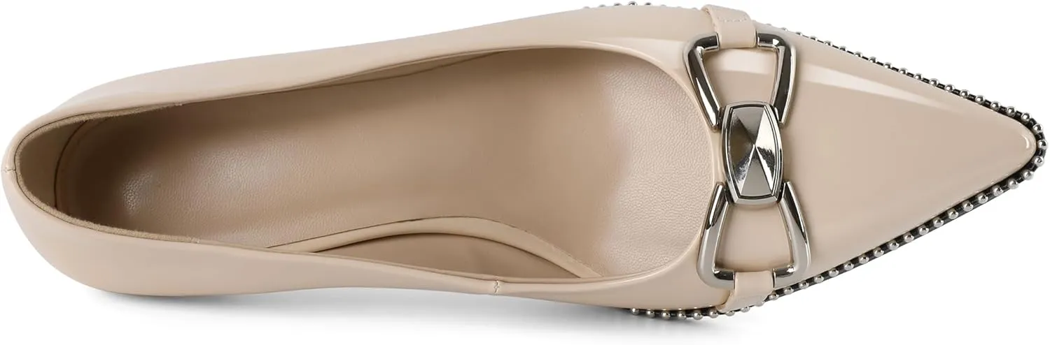 YODEKS Women Low Kitten Heel Pumps Slip On 2.5 Inch Pointed Toe Beaded Metal Buckle Shoes Size 5-13