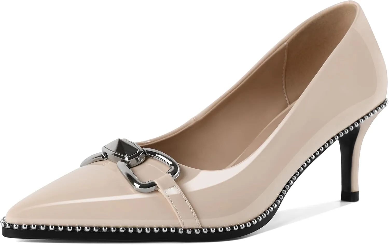 YODEKS Women Low Kitten Heel Pumps Slip On 2.5 Inch Pointed Toe Beaded Metal Buckle Shoes Size 5-13