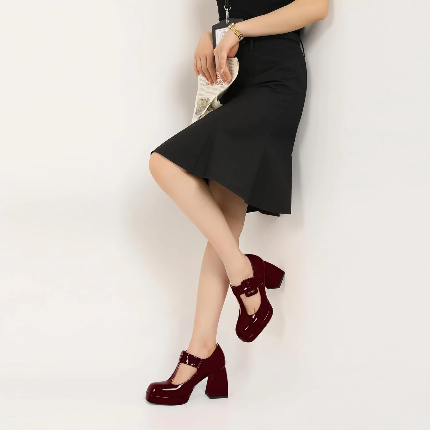 YODEKS Women's High Heels Square Toe Mary Jane Pumps Chunky Heel Platform Dress Shoes