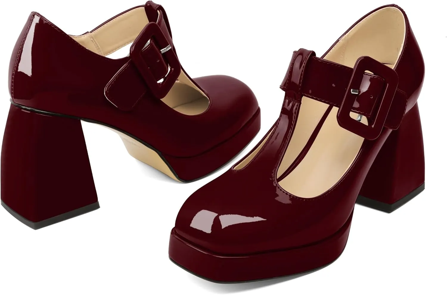YODEKS Women's High Heels Square Toe Mary Jane Pumps Chunky Heel Platform Dress Shoes