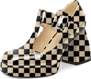 YODEKS Women's High Heels Square Toe Mary Jane Pumps Chunky Heel Platform Dress Shoes