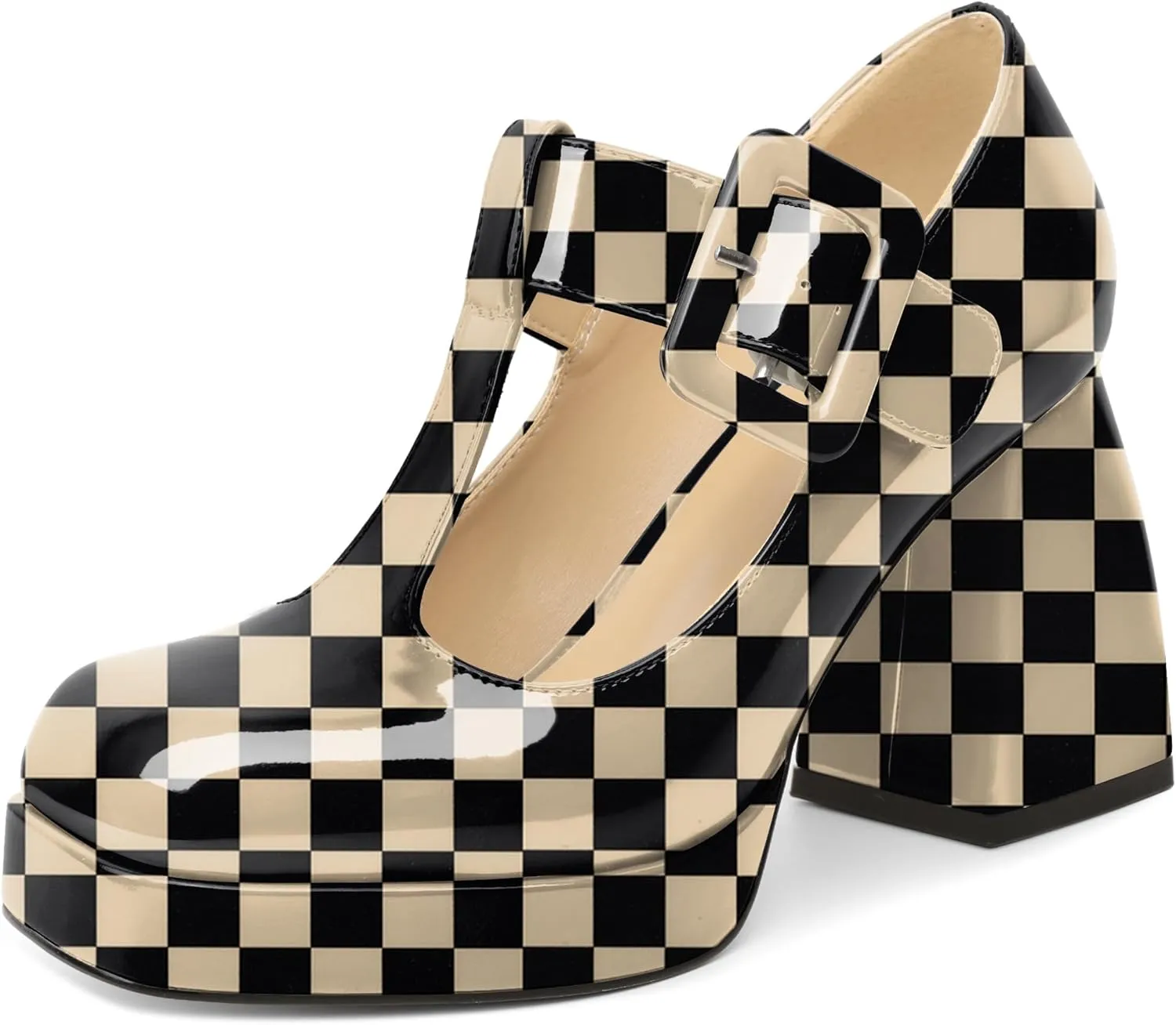 YODEKS Women's High Heels Square Toe Mary Jane Pumps Chunky Heel Platform Dress Shoes