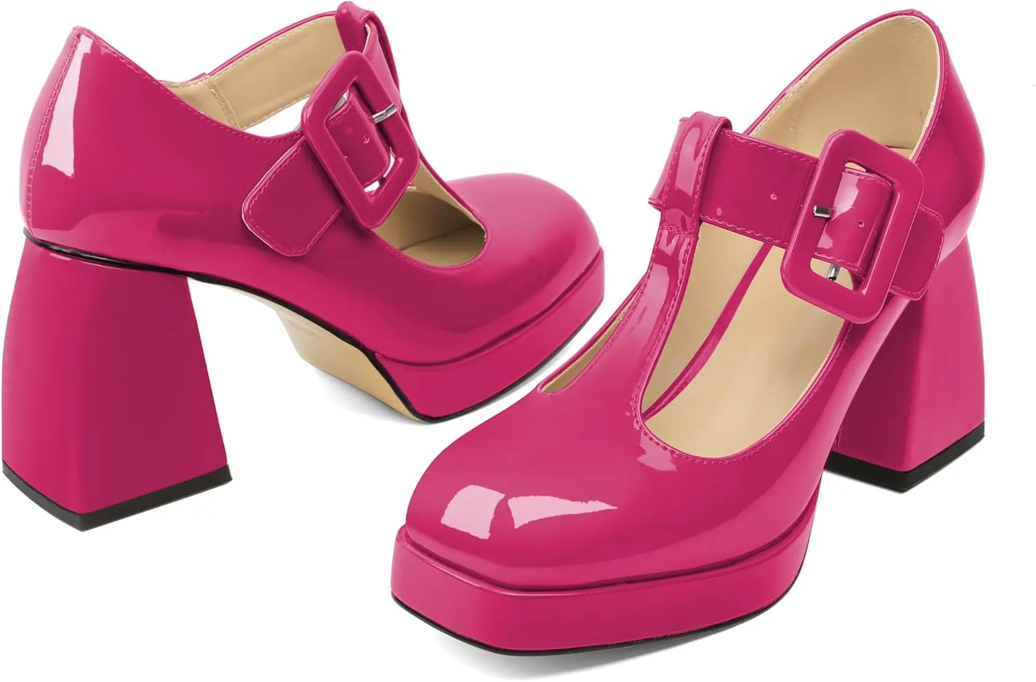 YODEKS Women's High Heels Square Toe Mary Jane Pumps Chunky Heel Platform Dress Shoes