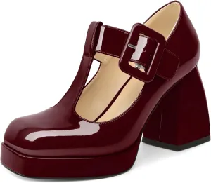 YODEKS Women's High Heels Square Toe Mary Jane Pumps Chunky Heel Platform Dress Shoes