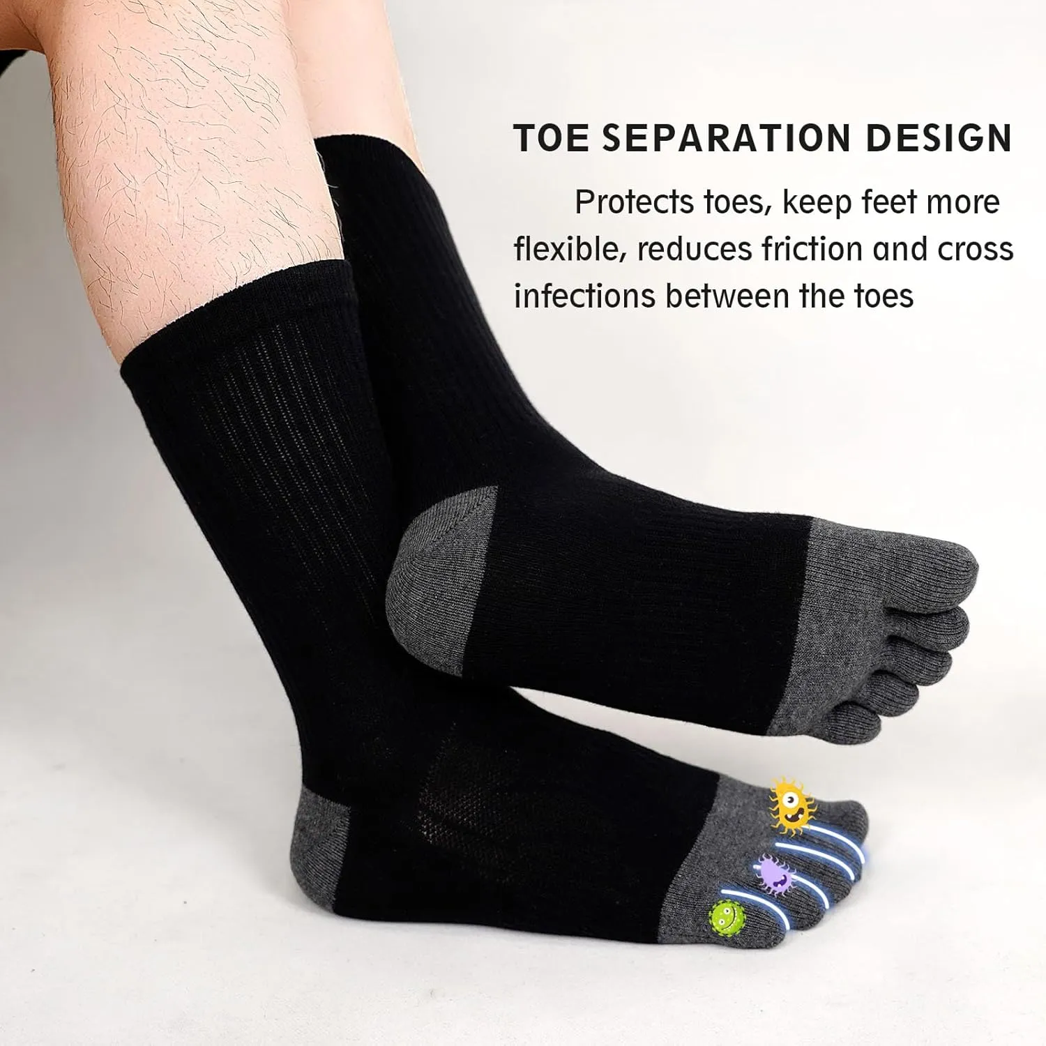 ZAKASA Mens Toe Socks Athletic Running Cushion Five Finger Cotton Crew Socks