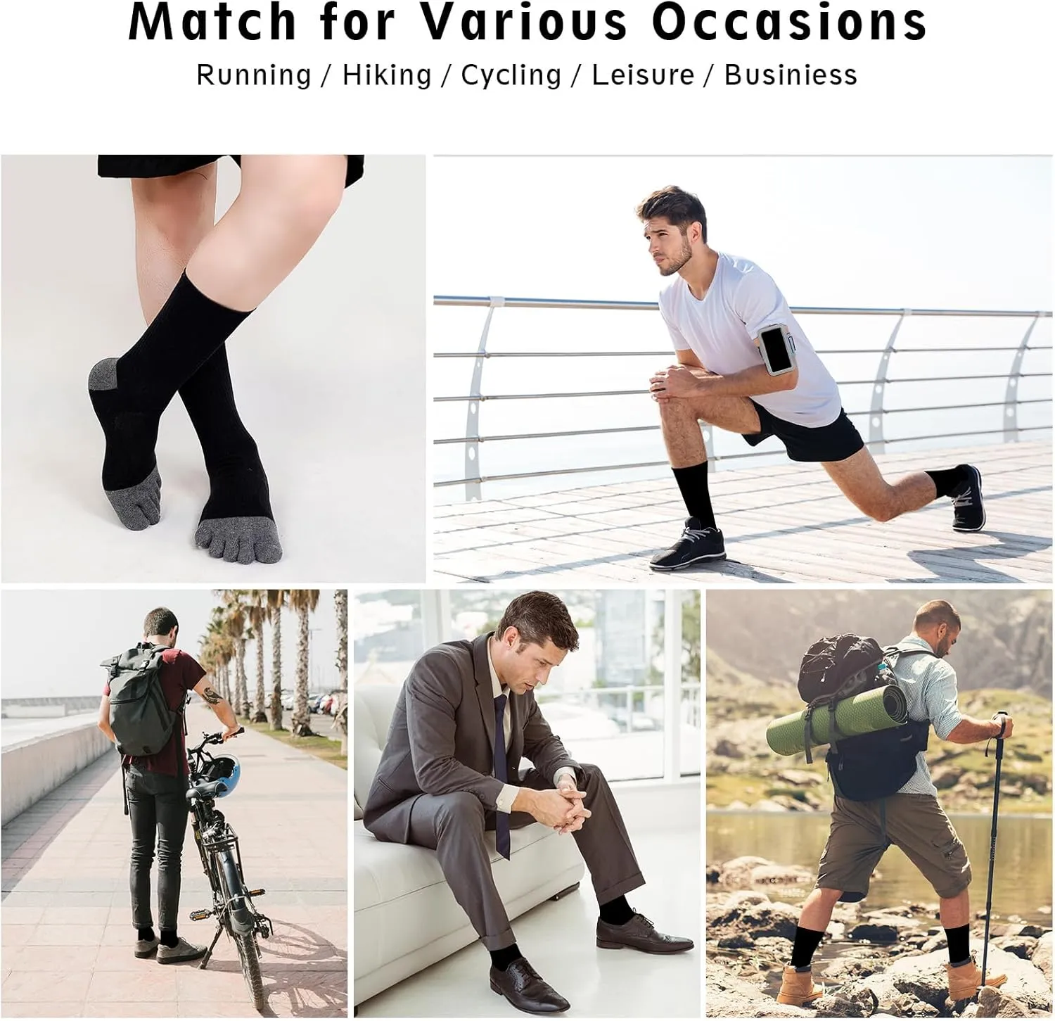 ZAKASA Mens Toe Socks Athletic Running Cushion Five Finger Cotton Crew Socks
