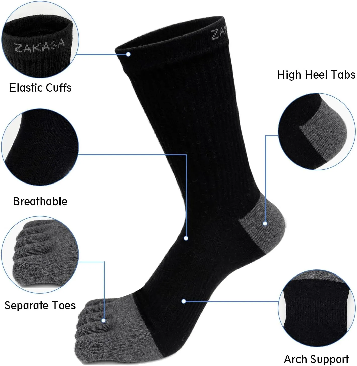 ZAKASA Mens Toe Socks Athletic Running Cushion Five Finger Cotton Crew Socks