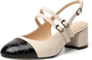 Zamikoo Women's Slingback Heels Round Cap Toe Low Block Heel Pumps with Adjustable Buckle, 2 Inches Heeled Sandals Office Dress Pumps Shoes