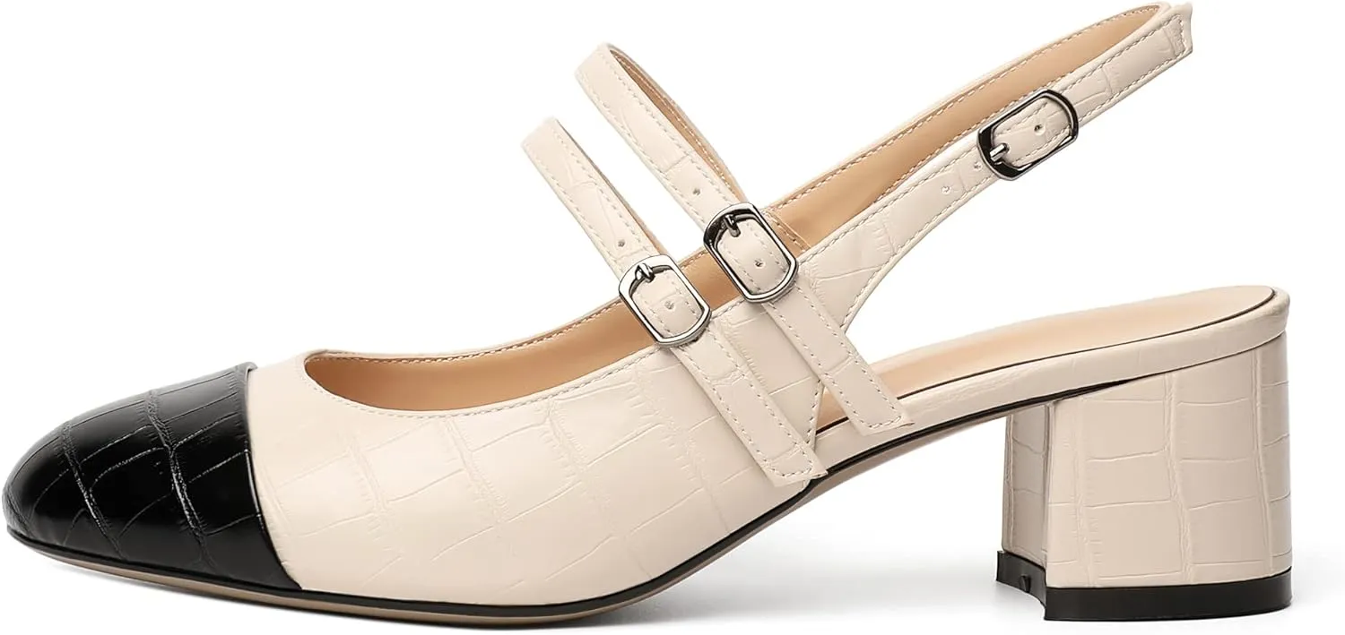 Zamikoo Women's Slingback Heels Round Cap Toe Low Block Heel Pumps with Adjustable Buckle, 2 Inches Heeled Sandals Office Dress Pumps Shoes