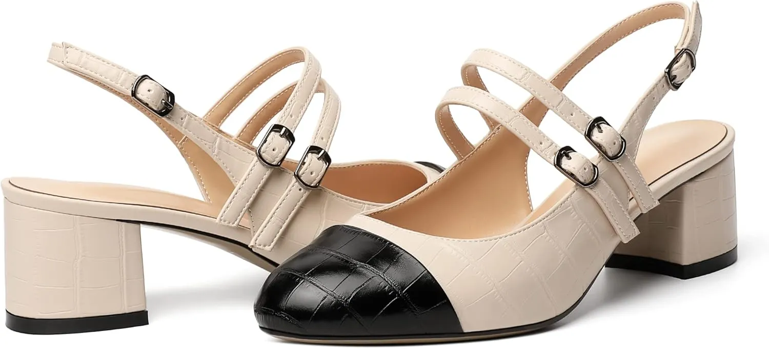 Zamikoo Women's Slingback Heels Round Cap Toe Low Block Heel Pumps with Adjustable Buckle, 2 Inches Heeled Sandals Office Dress Pumps Shoes